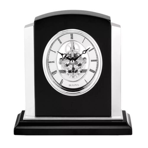 BULOVA FAITH SKELTON Table Clock Wood Frame Metal Roman Numerals Ebony NEW