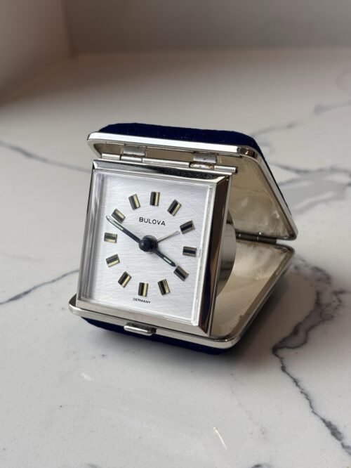 Bulova Germany Travel Alarm Clock, Blue Velvet Case, Genuine Vintage Gifts