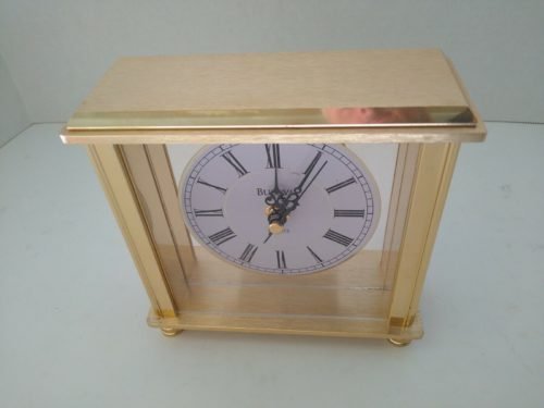 Bulova Grand Prix Executive Desk Clock Brass & Glass with Roman Numerals