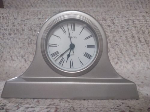 Bulova Mantel Clock Style Silver Tone Metal Case in Working Order