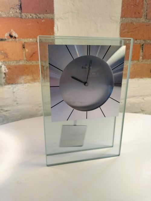 BULOVA MANTEL CLOCK With MINERAL GLASS CASE And ALUMINUM ACCENTS B2840