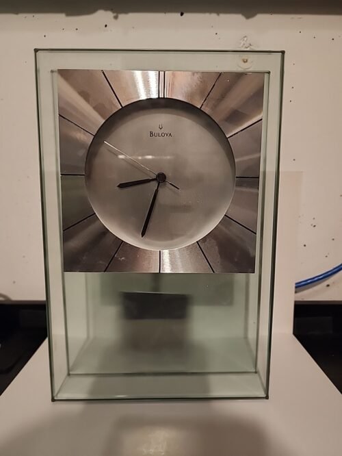 BULOVA MANTEL CLOCK With MINERAL GLASS CASE And ALUMINUM ACCENTS B2840