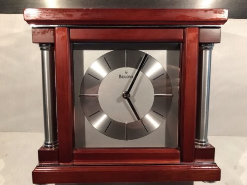 Bulova Mantle Clock With Metal Silver Brushed Columns Quartz Mahogany Works