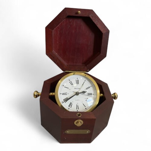 Bulova Maritime Style Brass & Wood Desk Clock Quartz Germany B7910 Nautical Box