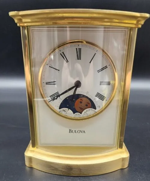 BULOVA MOON PHASE MANTEL CLOCK QUARTZ BRASS ROMAN NUMERALS B2251 BETHEL ENCORE