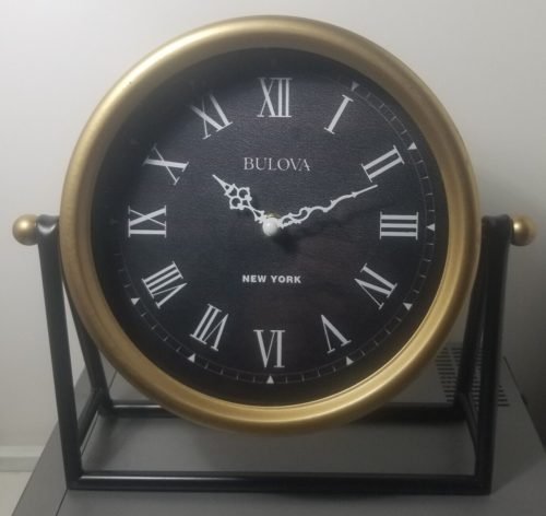 BULOVA New York Table Clock Modern Glass Face Analog w/ Gold Tone Metal Case