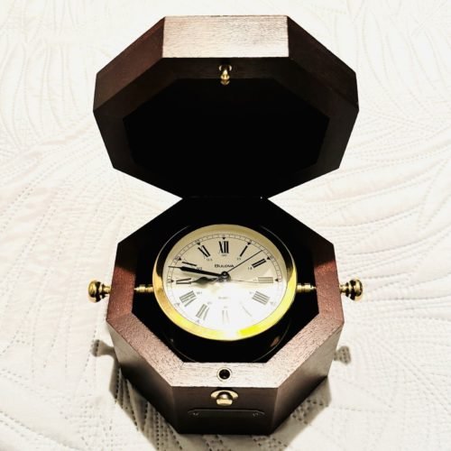 Bulova Quartermaster Maritime Desk Clock In Octogonal Mahogany Wood Display