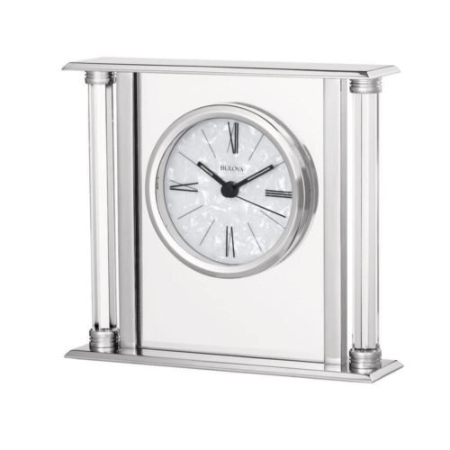Bulova Table Clock 6.13"x6.88"x1.75" Solid Silver Metal Case w/Octogonposts