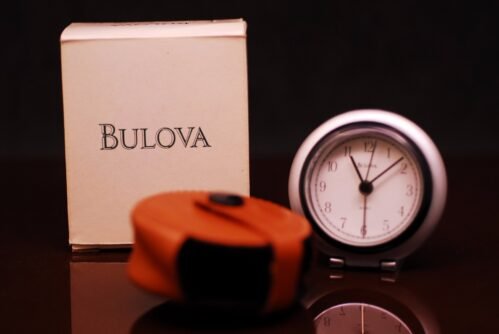 Bulova Travel Alarm Clock B6639 Leather Cover Box/Papers Easy-To-Use Loud Beep