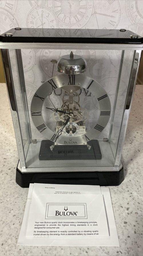 Bulova Vantage Skeleton Mantel Clock B 2023 Black Glass & Chrome Case IOB Tested image