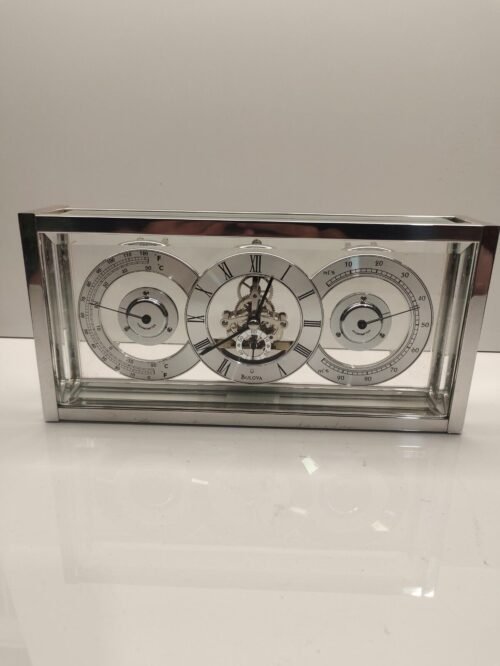 Bulova Vantage Skeleton Mantel Clock Modern Glass & Chrome Case