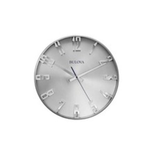 Bulova Wall Clock 16" Dia Silver Pewter Metal Case Silent Sweep Blue Hand Modern