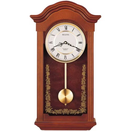 Bulova Wall Clock 22.5 In. X 12.25 In. Pendulum Chime Glass Rectangle Wood Brown