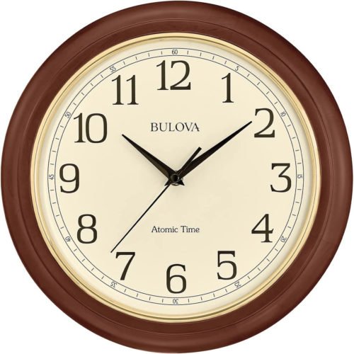 Bulova Wooden Atomic Analog Wall Clock, C5004 Atomic Time 2, Sets Automatically,