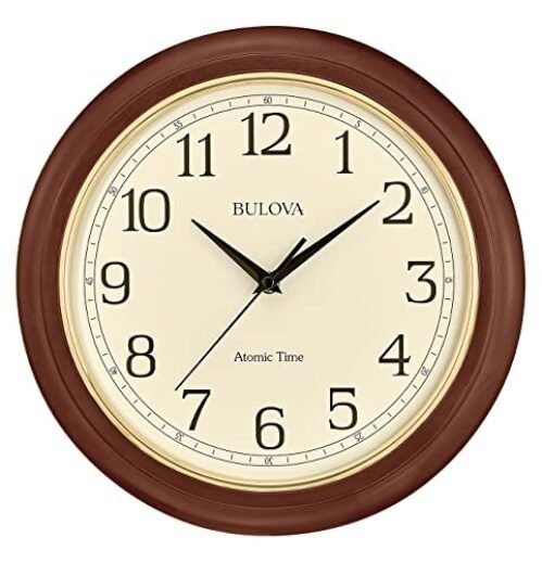 Bulova Wooden Atomic Analog Wall Clock, C5004 Atomic Time 2, Sets Automatically,