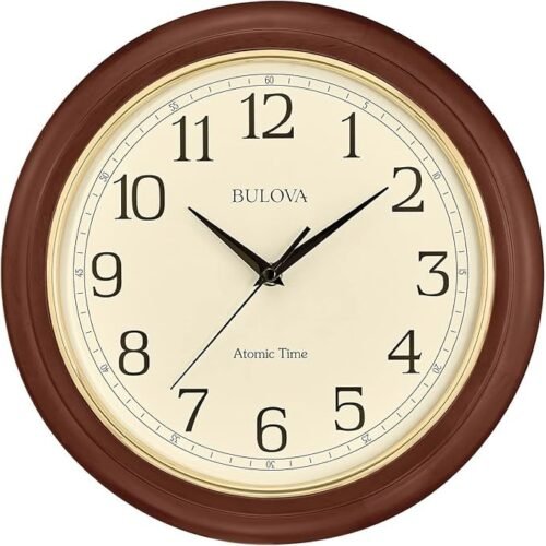 Bulova Wooden Atomic Analog Wall Clock, C5004 Atomic Time 2, Sets Automatically