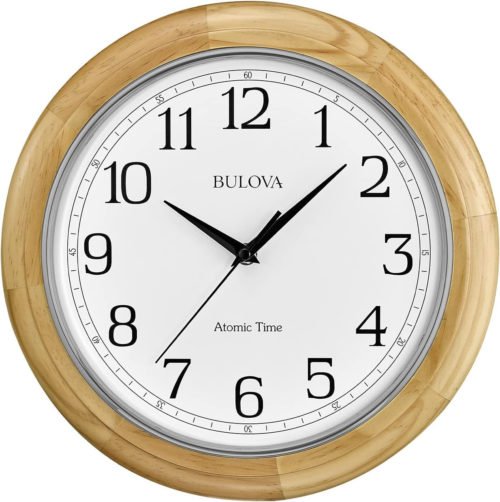 Bulova Wooden Atomic Analog Wall Clock, C5005 Atomic Time 3, Sets Automatically,