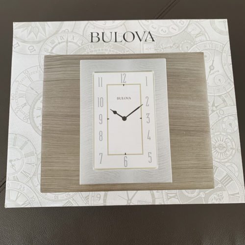Bulova Woodside Desktop Metal Dial Clock B1237 Wood Case Grey NIB