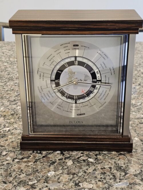 Bulova Wyndmere World Times Table Top Mantle Clock B2258 Airplane Clean Working