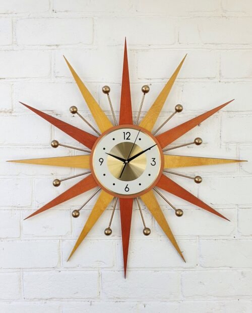 Burnt Orange Yellow Atomic Wall Clock Starburst Clock George Nelson Style 1970