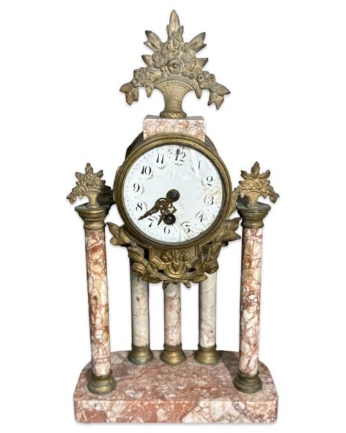 Ca.1900 Antique FRENCH PORTICO Style BRASS Ormolu MARBLE COLUMN Old MANTEL CLOCK