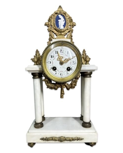Ca.1900 Antique FRENCH PORTICO Style BRASS Ormolu MARBLE COLUMN Old MANTEL CLOCK