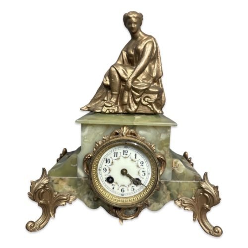 Ca.1910 Antique FRENCH ART NOUVEAU Era POLISHED ONYX Figural MANTEL Old CLOCK