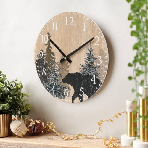 Cabin Bear Wall Clock 12 Inch Silent Non Ticking Clock Wooden Forest Wildlife Mo
