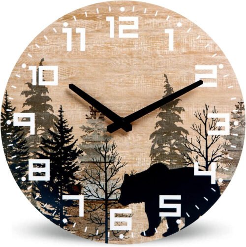 Cabin Bear Wall Clock Silent Non Ticking - 12 Inch Battery Operated Rustic Farmh