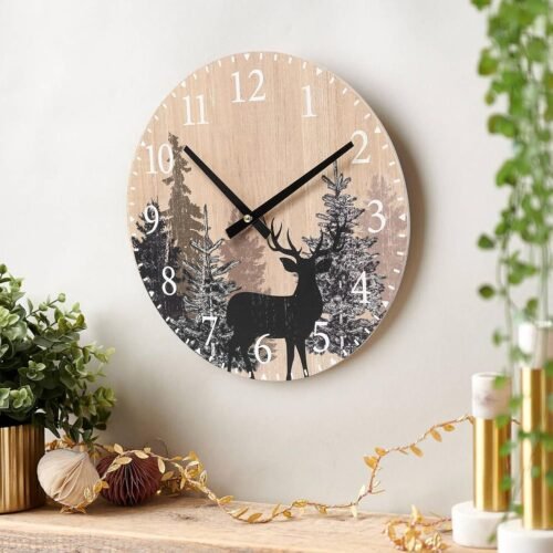 Cabin Deer Wall Clock 12 Inch Silent Non Ticking Clock Wooden Forest Wildlife