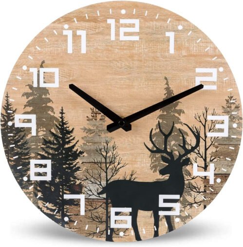 Cabin Wood Deer Elk Wall Clock Silent Non Ticking - 12 Inch Battery Operated Rus