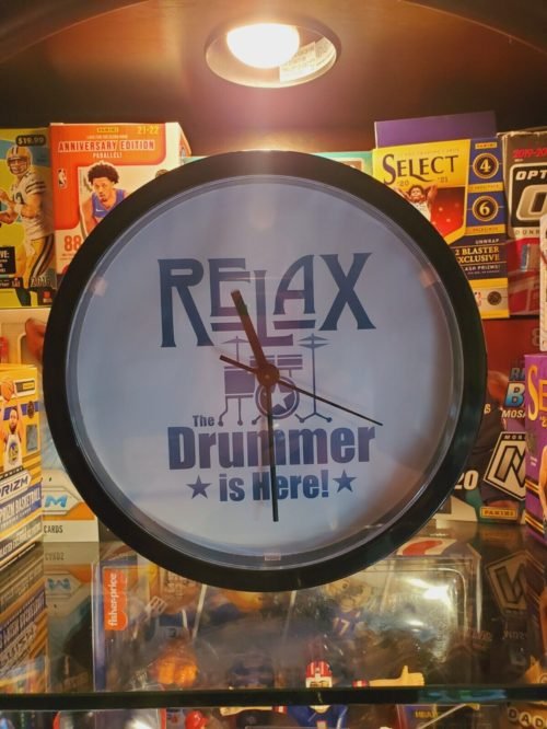 Cafe Press 9in Wall Clock RELAX THE DRUMMER IS HERE Working MAN CAVE GIFT