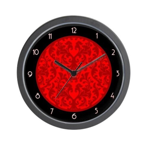 CafePress Black Red Damask Elegant Unique Decorative 10" Wall Clock (120180557)