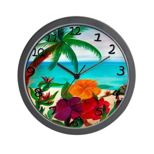 CafePress Tropical Floral Beach Unique Decorative 10" Wall Clock (691242622)