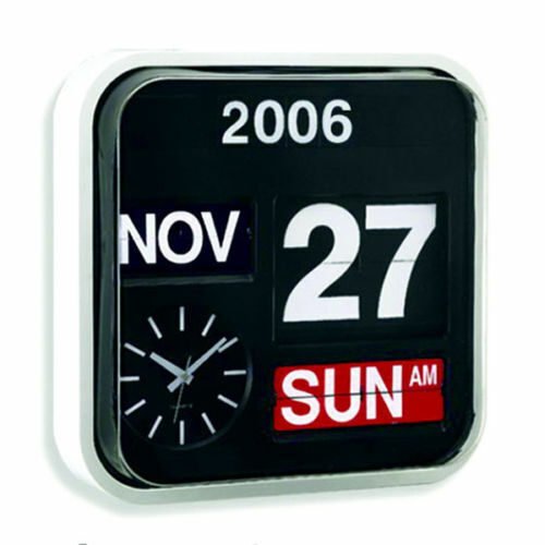 Calendar Clock Auto Flip Wall Desk Retro Modern Black White Large Numbers 12.5"