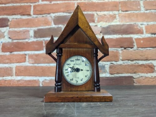 Camelot ? Antique Thai Character Table Clock Wooden Steeple Wood