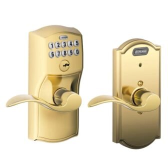 Camelot Series Bright Brass Keypad Entry Door handle with Accent Interior Built-In...