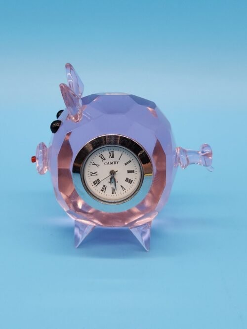 Camry Clock Pink Glass Crystal Pig Piglet Desk Mantel Table Decorative Clock