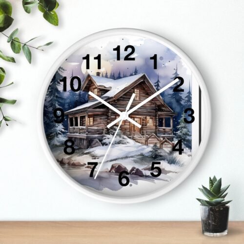 Canada Winter Scene Snow Log Cabin Art Wall Clock w/ 3D Wood Frame