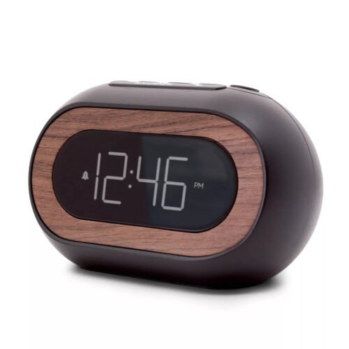 Capsule Alarm Table Clock Black: LED Display, Wood Accent, Modern Bedroom
