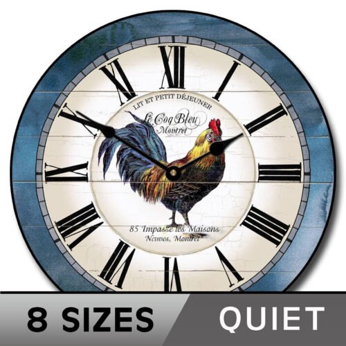 Carolina Blue Rooster Clock, Whisper Quiet, Comes in 8 sizes, Lifetime warranty
