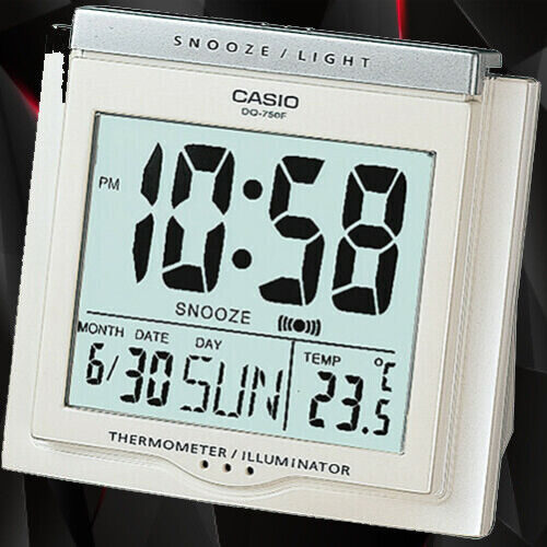Casio DQ750F 7D White LED Light Digital Alarm Desk Clock Thermometer Snooze NEW