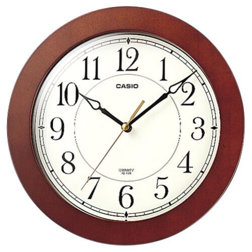 Casio IQ-126-5D Round Wood Frame White Face Easy to Read Wall Silent Clock New
