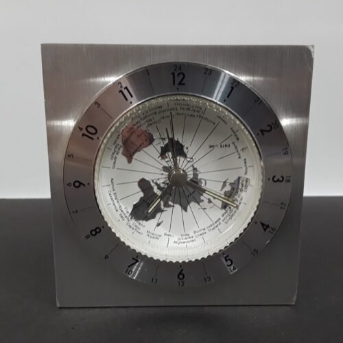Cast Brushed Aluminum Desk Clock World Time Zone IXNET Promo Alarm