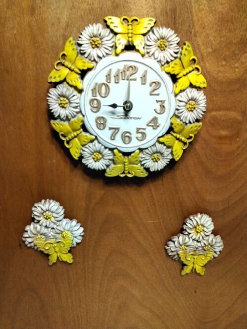Cast Iron 3 Piece Wall Clock Set Sexton 1974 USA Daisy's & Butterflies (Works)