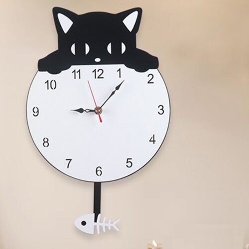 Cat Pendulum Wall Clock Wall Ornament Acrylic with Swinging Tail Silent