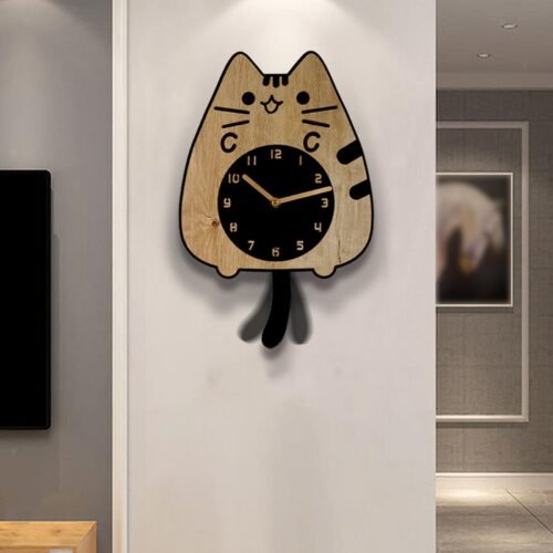 Cat Wall Clock Decorative Clock Animal Shape Wooden Aesthetic Wall Hanging Clock