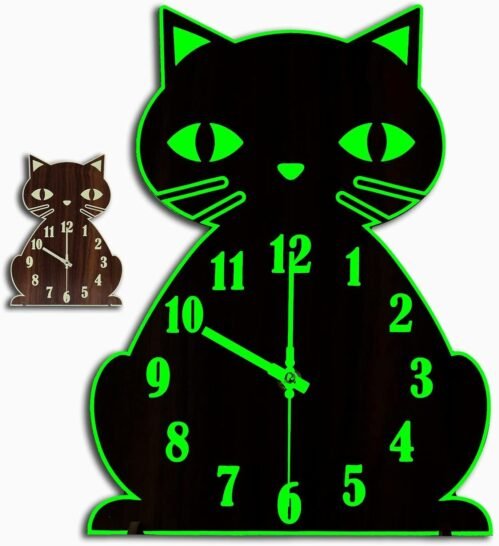 Cat Wall Clock Night Light-Silent Non-Ticking Glow in the Dark Clock for Bedroom