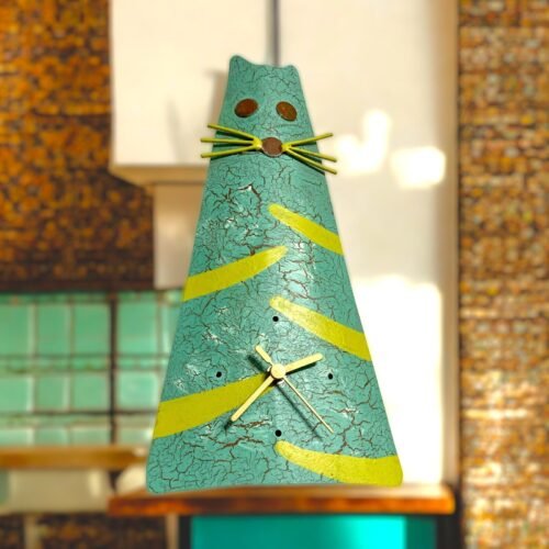 Cat Wall Clock. Unique. Turquoise Blue Metal. Shabby Chic. 14” Tall. AA Battery.