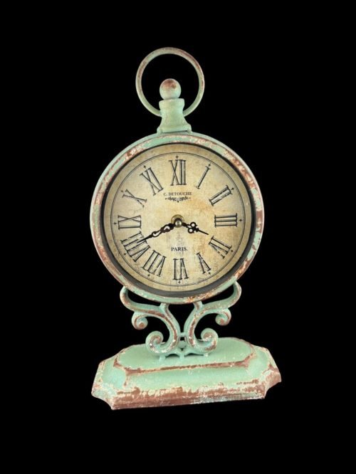 C. Detouche style clock,8x13 table clock rustic Roman numerals Battery operated.